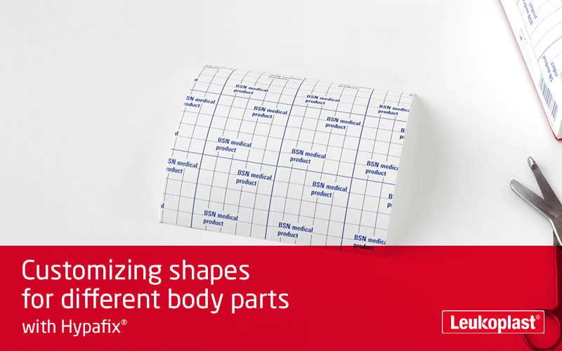 Here we demonstrate that Hypafix stretch medical tape is suitable for use on different parts of the body. We see the hands of an HCP cutting to size five different shapes. Here we demonstrate that Hypafix stretch medical tape is suitable for use on different parts of the body. We see the hands of an HCP cutting to size five different shapes.